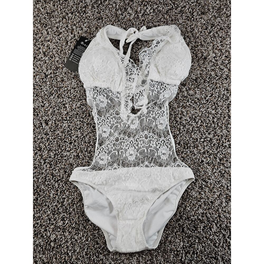 Biki Womens Sz S One Piece Swimsuit White Lace Sexy NEW